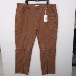 MNML V725 Cargo Zipper Denim Men 42x32 Brown Streetwear Utility Pants v725